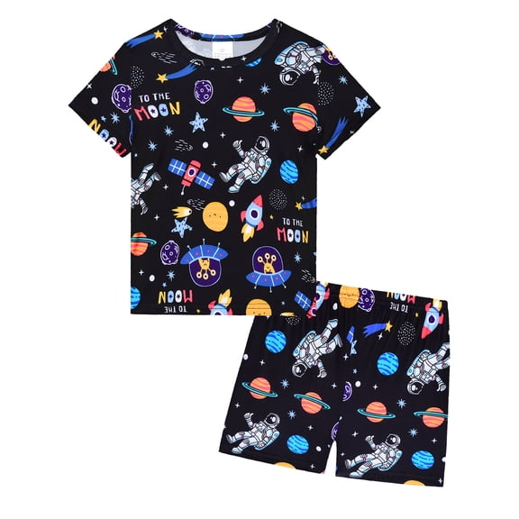 WIBACKER 3-12Years Kids Boys 2-Piece Pajamas Planet Astronaut Short Sleeve Cool Summer PJ Set Toddler Sleepwear