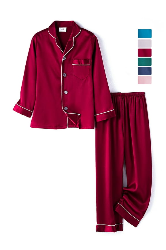 3-14T Pajamas Set for Kid Baby Boy Girl Long Sleeve Button Down Silk Sleepwear Loungewear Set Gifts