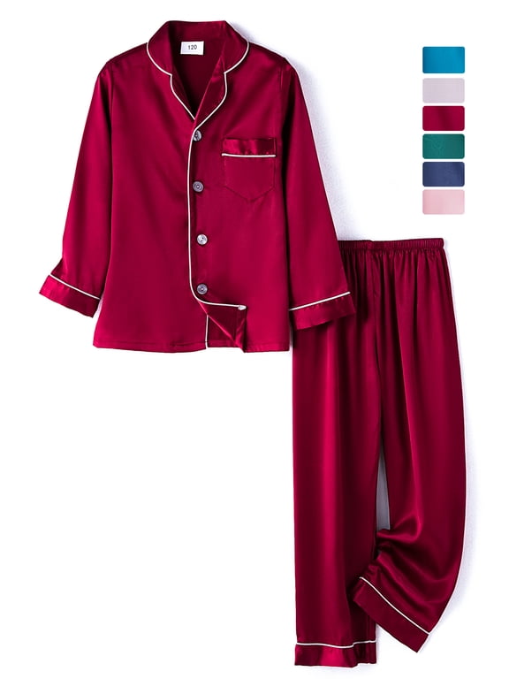 3-14T Pajamas Set for Kid Baby Boy Girl Long Sleeve Button Down Silk Sleepwear Loungewear Set Gifts