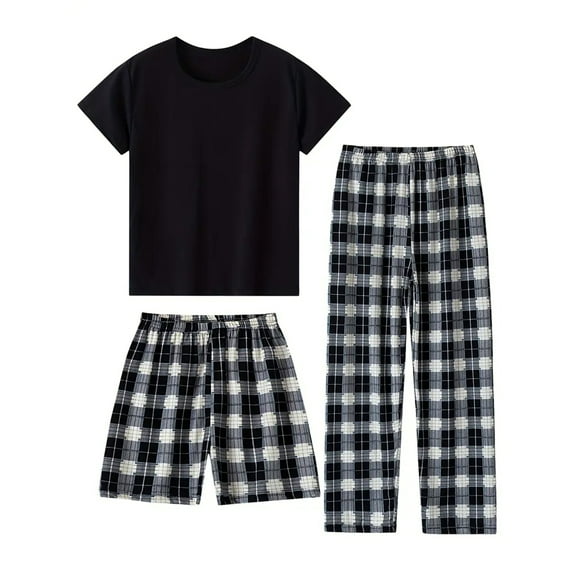 WIBACKER 3-14Y Boys' Plaid 3-piece Loose-fit Pajama Set Thin Soft Tee & Shorts & Pants PJ Comfy Jammies Set Summer