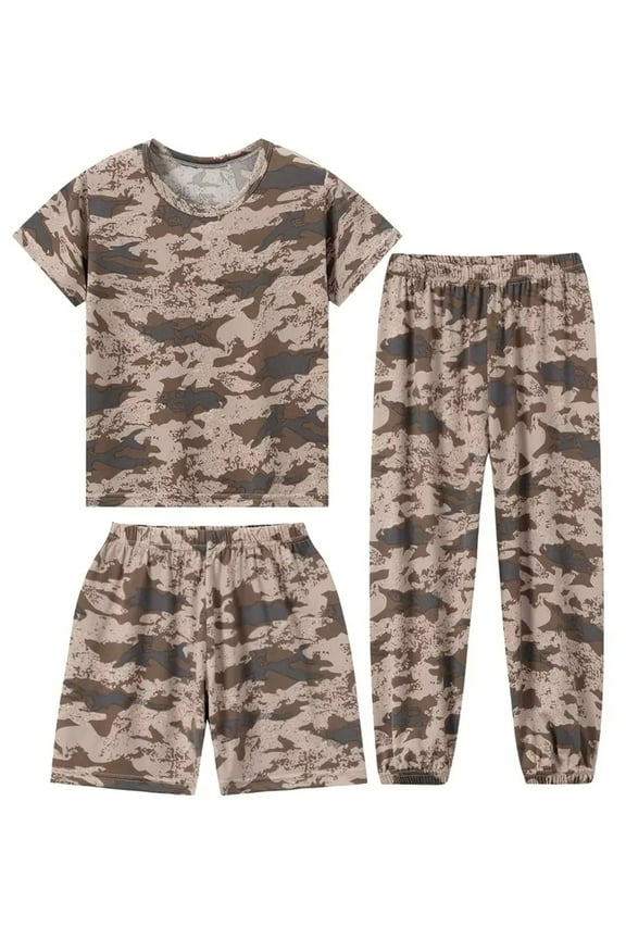 3-14Y Little Boys' 3-Piece Camo Loose Sleepwear Set Thin Soft Summer Pajamas