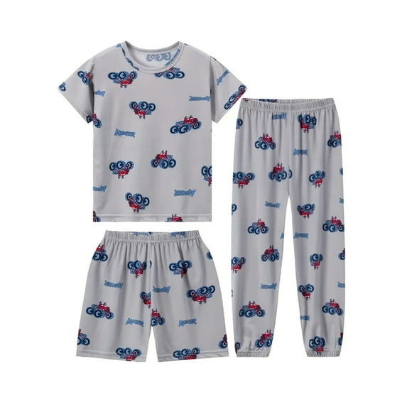 WIBACKER 3-14Y Little Boys' 3-Piece Vehicle Loose-fit Sleepwear Set Thin Soft Summer Pajamas