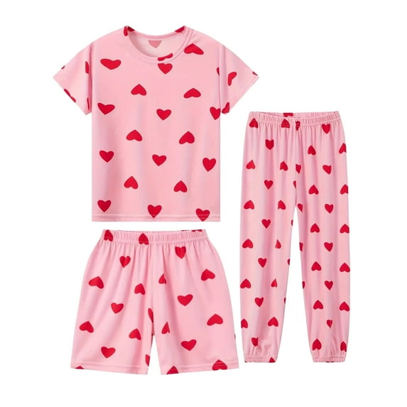 WIBACKER 3-14Y Little Girls' 3-Piece LOVE Heart Loose-fit Sleepwear Set Thin Soft Summer Pajamas