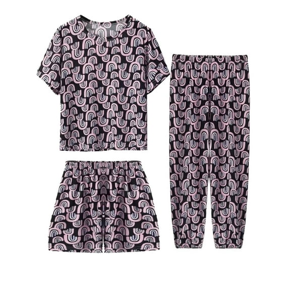 WIBACKER 3-14Y Little Girls' 3-Piece Rainbow Loose-fit Sleepwear Set Thin Soft Summer Pajamas