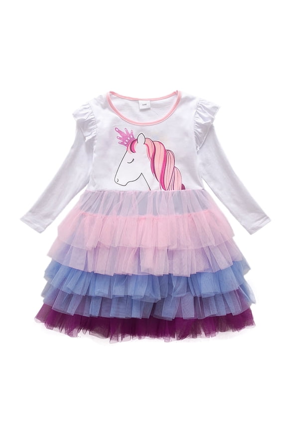 3-8T Kids Girls Ruffles Long Sleeve Unicorn Princess Dresses Lace Rainbow Tutu Dresses