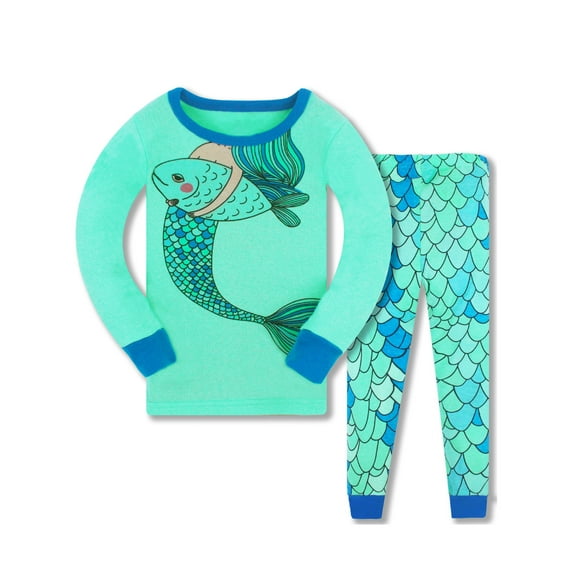 WIBACKER 3-8T Toddler and Little Girls Pajamas Set Long Sleeve PJs 100% Cotton Snug Fit Pajamas 2-Piece Set - Green Mermaid