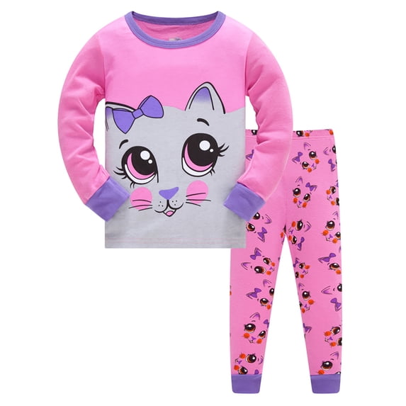 WIBACKER 3-8T Toddler and Little Girls Pajamas Set Long Sleeve PJs 100% Cotton Snug Fit Pajamas 2-Piece Set - Pink Kitty