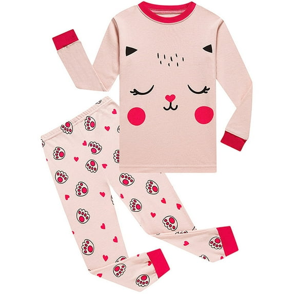 WIBACKER 3-8Y Little Girls Long Sleeve Pjs 100% Cotton 2-Piece Cat Pajamas Toddler Kids Sleepwear Sets