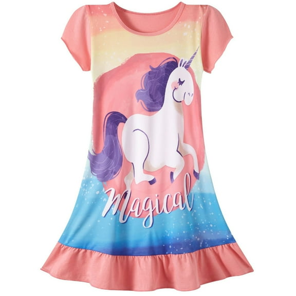 WIBACKER 3-8Y Little Girls Nightgowns Short Sleeve Nightdress Kids Unicorn Nightie Dress Sleepwear Pajamas