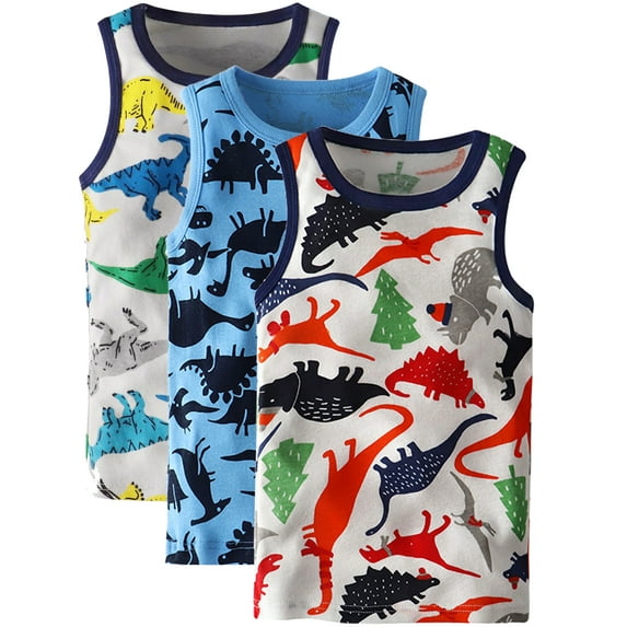 WIBACKER 3 Pack Boys' and Toddler Assorted Sleeveless Tank Tops Cotton Undershirt for 2-7 Years Kids,Dinosaur Theme
