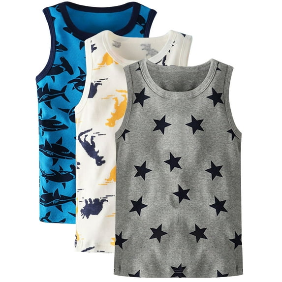 WIBACKER 3 Pack Boys' and Toddler Assorted Sleeveless Tank Tops Cotton Undershirt for 2-7 Years Kids,Shark/Dinosaur/Star