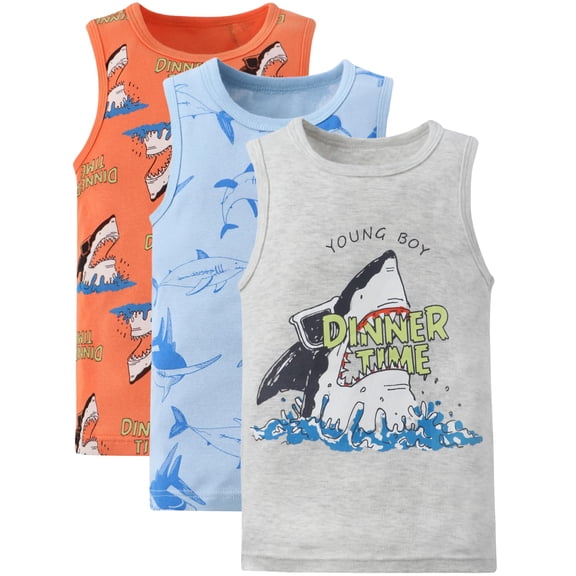 WIBACKER 3 Pack Boys' and Toddler Assorted Sleeveless Tank Tops Cotton Undershirt for 2-7 Years Kids,Shark Theme