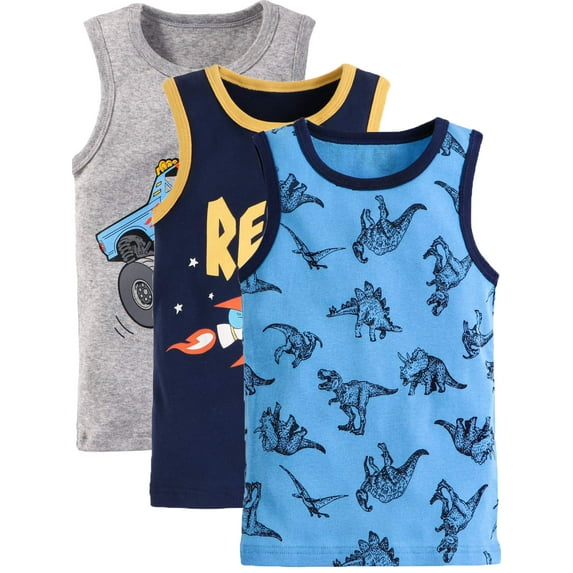 WIBACKER 3 Pack Boys' and Toddler Assorted Sleeveless Tank Tops Cotton Undershirt for 2-7 Years Kids,Vehicle/Dinosaur