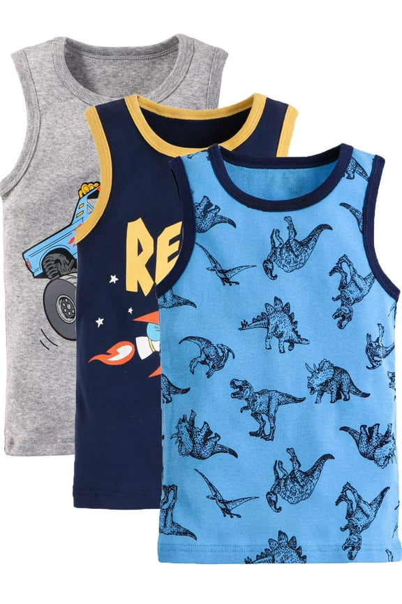 3 Pack Boys' and Toddler Assorted Sleeveless Tank Tops Cotton Undershirt for 2-7 Years Kids,Vehicle/Dinosaur