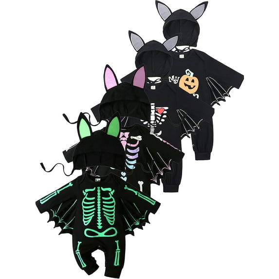 WIBACKER 3M-24M Infant Baby Boy Halloween Dress Up Clothes Bat Wings Romper with Cap Newborn Skeleton Costumes