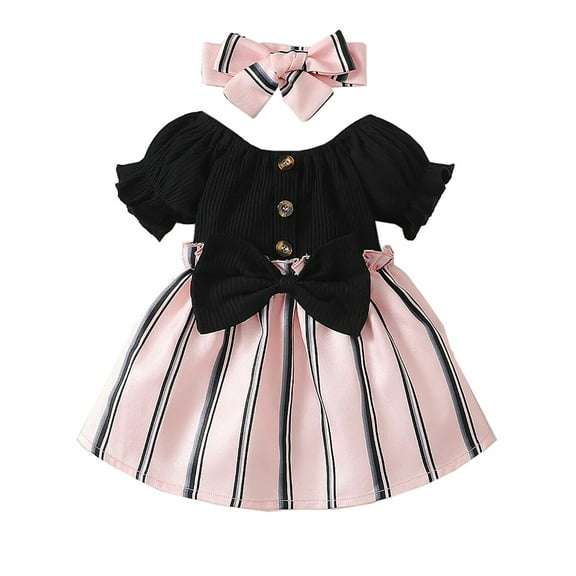 WIBACKER 3M-24M Toddler Infant Baby Girl Summer Dress Striped Below The Knee Dresses with Headband for Girls