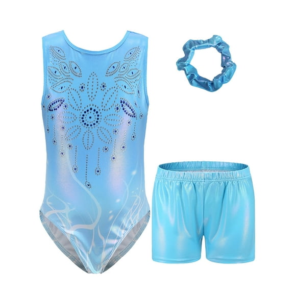 WIBACKER 3PCS Gymnastics Leotards for Girls Sparkly Ballet Dance Unitards Biketards Tumbling Shorts Activewear for Kids