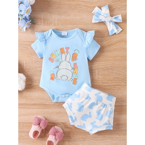 WIBACKER 3Pcs Newborn Girls Easter Outfits Baby Cotton Ruffle Sleeve Romper+Bloomer Shorts Clothes Set