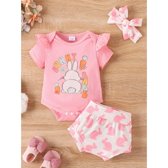WIBACKER 3Pcs Newborn Girls Easter Outfits Baby Cotton Ruffle Sleeve Romper+Bloomer Shorts Clothes Set