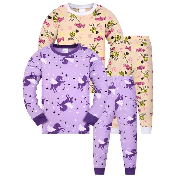 WIBACKER 4 Piece Pajamas Set Cotton Toddler Girls Snug Fit Pjs Kids Long Sleeve Top & Pants Nightwear Sets, Unicorn Candy, 4-5 Years