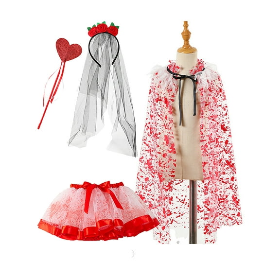 WIBACKER 4-Pieces Girls Halloween Vampire Costume Set 2-8Y Kids Tutu Skirt with Cape, Headband with Veil and Magic Wand, Toddler Dress Up Gift
