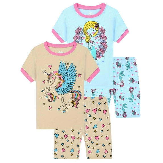 WIBACKER 4 Pieces Little Girls Pajamas Summer Short Sets Unicorn Sleepwear Cotton Toddler Unicorn Pjs Size 2-7 Years