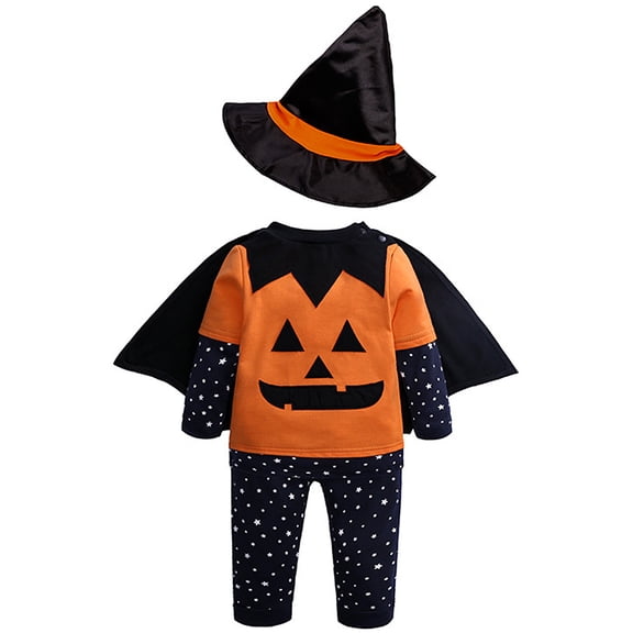 WIBACKER 4PCS Newborn Halloween Baby Girls Boys Pumpkin Outfit Top + Pants + Wizard Hat + Bat Cape, Halloween Cosplay Costumes