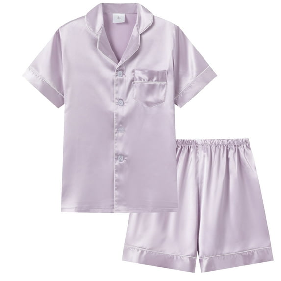 WIBACKER 5-12Y Girls Boys Pajamas Satin Pajama Set Silk Pjs Short Sleeve Sleepwear Kids Button-Down Nightwear
