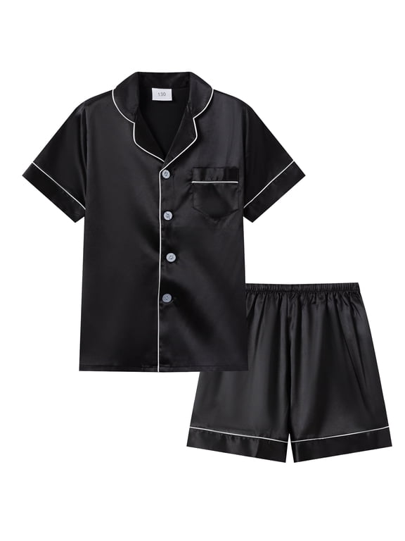 5-12Y Girls Boys Pajamas Satin Pajama Set Silk Pjs Short Sleeve Sleepwear Kids Button-Down Nightwear