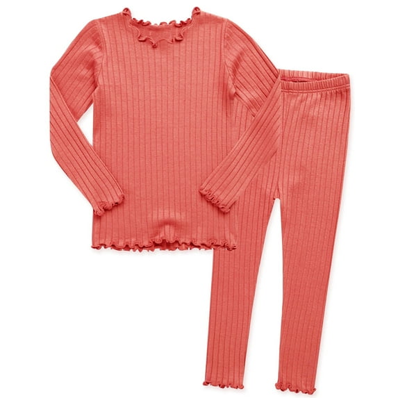 WIBACKER 5-14Y Girls Pajama Set Kids Cute Snug fit Ribbed Pjs Cotton Sleepwear with Ruffled Shirring