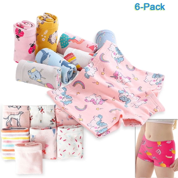 WIBACKER 6 Pack Girls 100% Cotton Boyshorts 2-12T Kids Unicorn Floral Underwear Cartoons Panties, Random Color