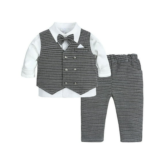 WIBACKER 6M-4Y Baby Boys 4Pcs Gentleman Suit Kids Formal Plaid Outfits Set Bowtie Dress Shirt+ Tuxedo Vest+ Pants
