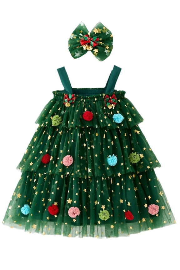 6M-6T Toddler Baby Girl Christmas Dress With Headband Kids Star Sequins Layered Tulle Dress Girls Cake Smash Xmas Tree Dresses