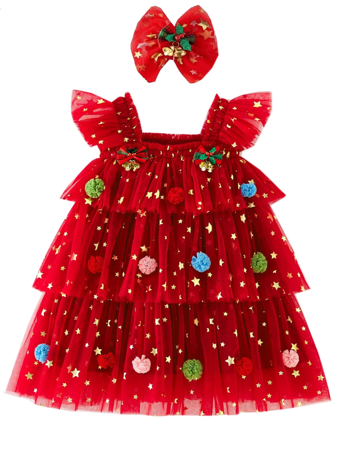 WIBACKER 6M-6T Toddler Baby Girl Christmas Dress With Headband Kids Star Sequins Layered Tulle Dress Girls Cake Smash Xmas Tree Dresses