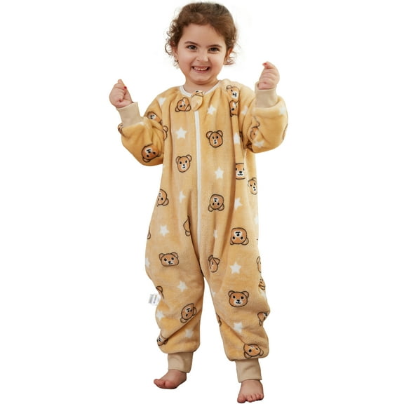 WIBACKER 9M-6Y Baby Warm Flannel Sleeping Bag with Feet, Bear Sleepsuit, Kids Toddler Boys Girls Double Zipper Wearable Sleep Sack