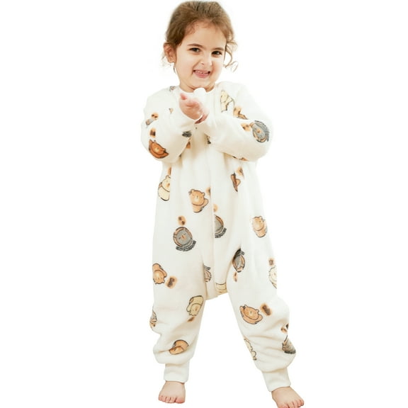 WIBACKER 9M-6Y Baby Warm Flannel Sleeping Bag with Feet, Bear Sleepsuit, Kids Toddler Boys Girls Double Zipper Wearable Sleep Sack
