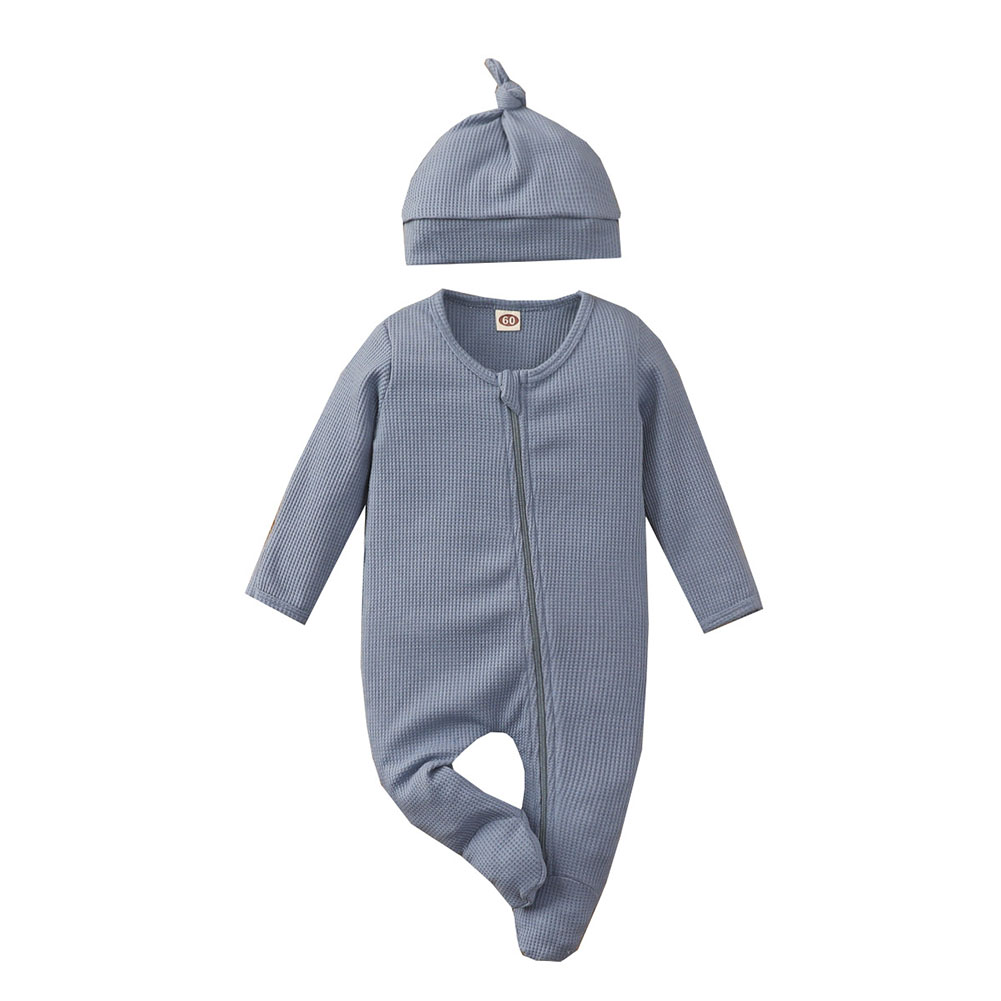 WIBACKER Baby Boy Girl Cotton Waffle Onepiece Pajamas Hat Set Long