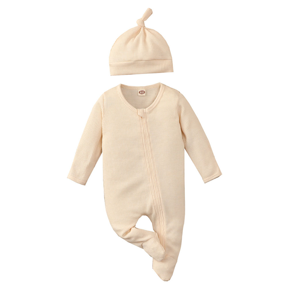 WIBACKER Baby Boy Girl Cotton Waffle Onepiece Pajamas Hat Set Long