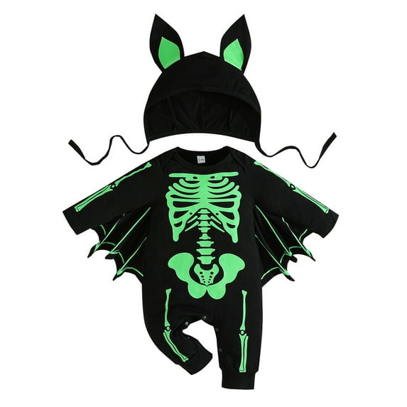 WIBACKER Baby Boy Girl Skeleton Jumpsuit Ear Hat 2PCS Outfit 3 Months-3 Years Infant Toddler Halloween Bats Costumes with Wings Cosplay Clothes