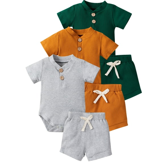 WIBACKER Baby Boy Girl Summer Outfits Button Short Sleeve Romper Bodysuit & Shorts Sets Newborn 3 6 9 12 Months Clothes