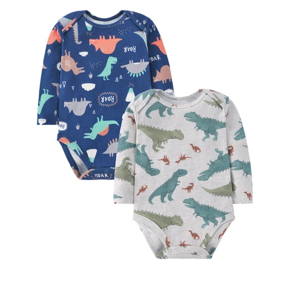 WIBACKER Baby Boys' 100% Cotton Long Sleeve Print Bodysuit 6 9 12 18 24 Months, Pack of 2, Cute Dinosaur