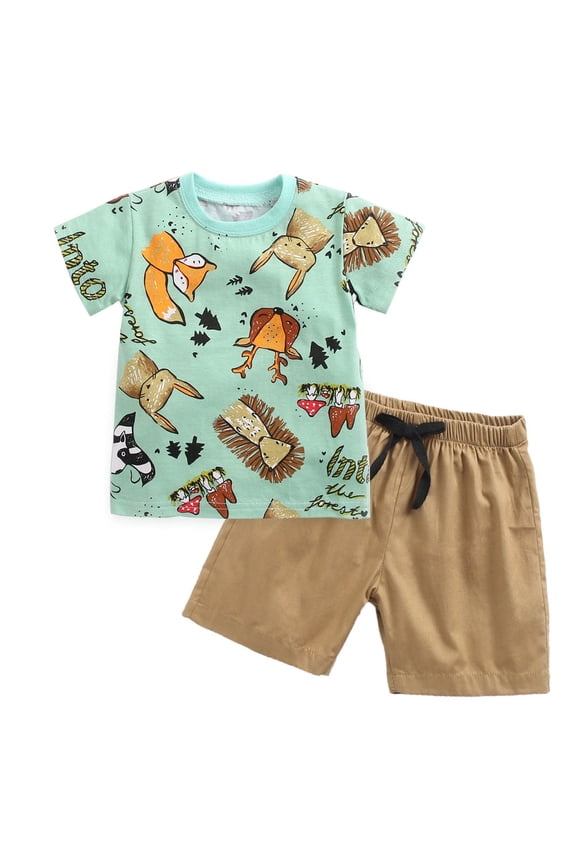 Baby Boys Cartoon Fox Short Sleeve T Shirts Drawstring Shorts Summer Outfits,0-3T