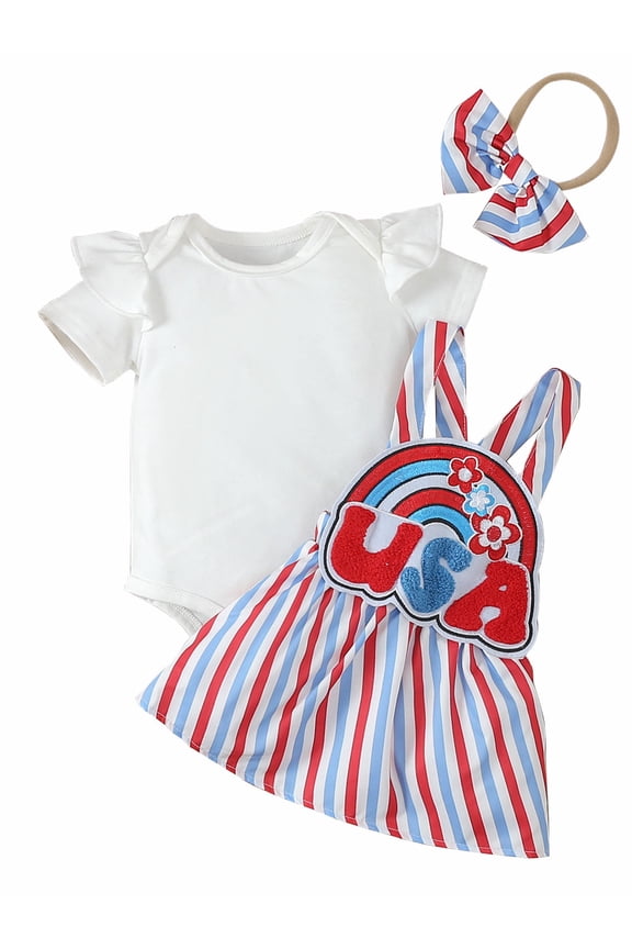 Baby Girl 4th of July Clothes Cute USA Independence Day 3PCS Outfits Newborn Short Sleeve Romper Overall Skirt Dress