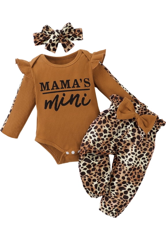 Baby Girl Clothes Newborn Infant Outfits Ruffle Mama's Mini Romper+ Leopard Pants + Cute Headband Sets for Girls