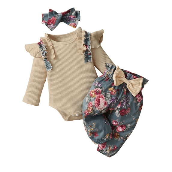 WIBACKER Baby Girl Clothes Newborn Infant Outfits Ruffle Ribbed Romper+ Floral Pants + Cute Headband Sets for Girls