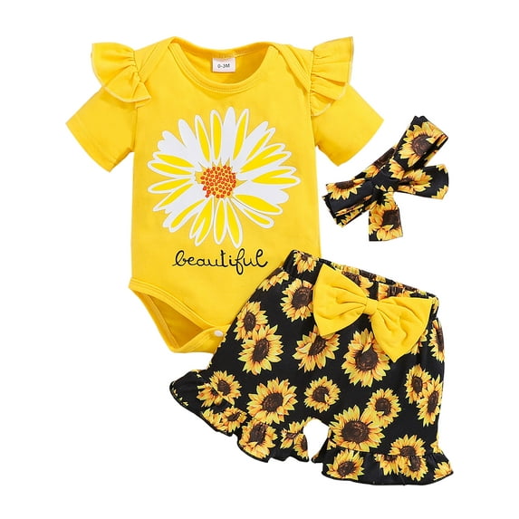 WIBACKER Baby Girl Clothes Summer Cute Outfits 3 6 12 18 Months Ruffle Romper & Floarl Shorts Sets for Sunflower Girls