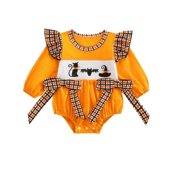 WIBACKER Baby Girl Halloween Outfits Newborn Smocked Bubble Romper Bodysuit Ruffle Long Sleeve Ghost Pumpkin Day Jumpsuit