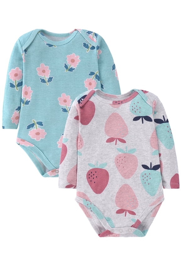 Baby Girls' 100% Cotton Long Sleeve Print Bodysuit 6 9 12 18 24 Months, Pack of 2, Unicorn+Sunflower