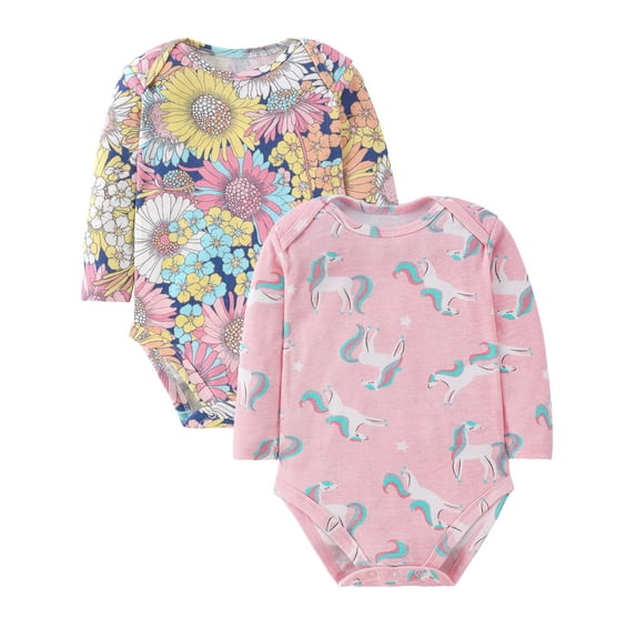 WIBACKER Baby Girls' 100% Cotton Long Sleeve Print Bodysuit 6 9 12 18 24 Months, Pack of 2, Unicorn+Sunflower