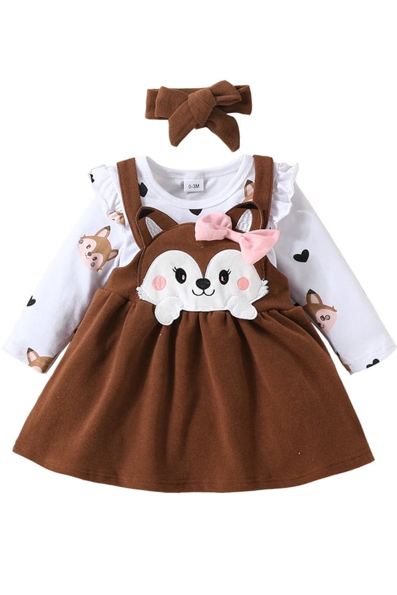 Baby Girls 3Pcs Cute Fox Outfits Long Sleeve Romper Tops Suspender Skirts Newborn Clothes